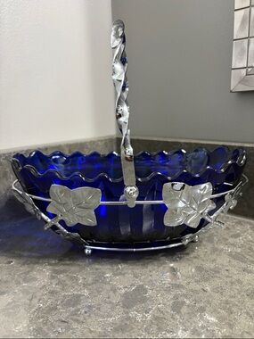Cobalt Blue Glass Basket with Silver Leaf Accent
